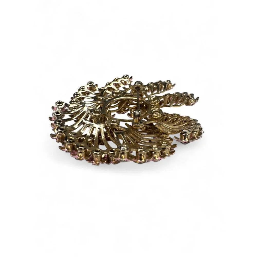 Vintage Pink Enamel Clear Rhinestone Floral Brooch Clip On Earrings Set - Picture 4 of 11